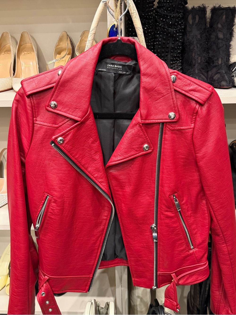 Zara Red Faux Leather Moto Jacket with Silver Hardware